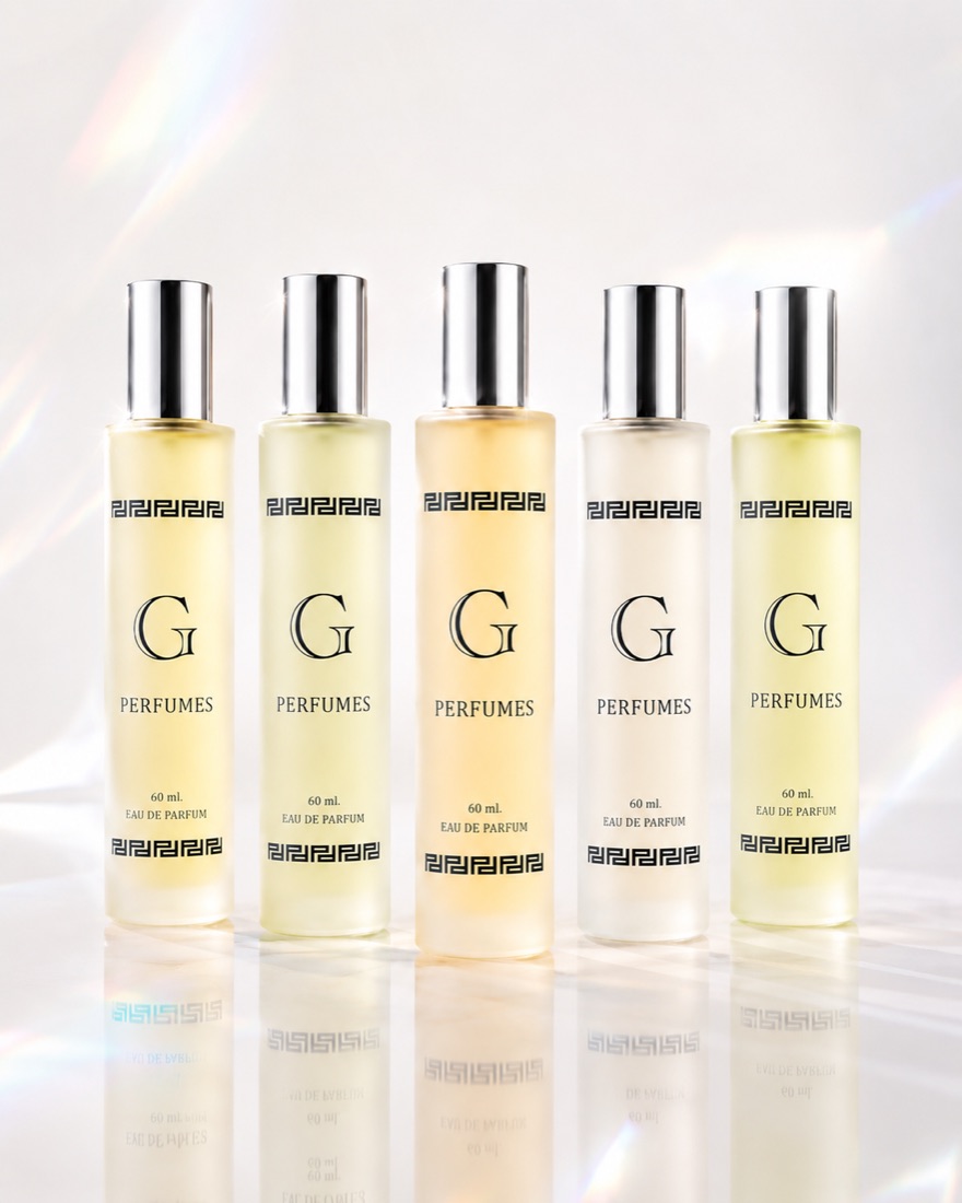 Cinco frascos de G Perfumes con tapa plateada